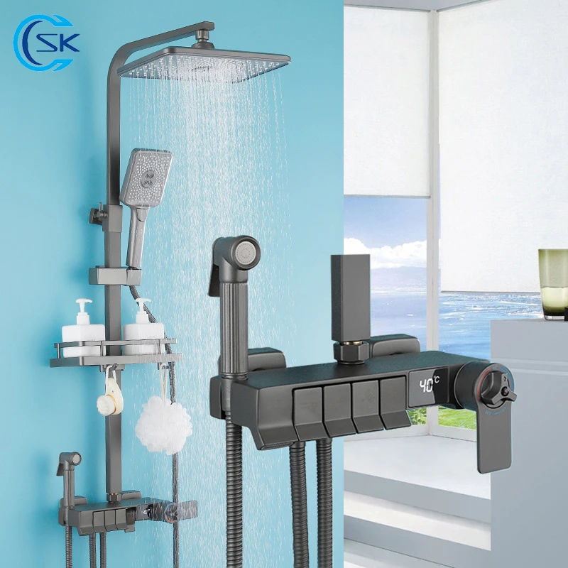 

Bathroom Shower Faucet Digital Display Thermostatic Shower Set Large Nozzle Rainfall Shower Systems Bathtub Tap Bidet Shower