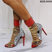 kolnoo new elegant handmade womens high heels sandals multicolored leather peep toe rivets spikes sexy evening fashion shoes