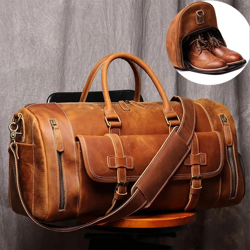 

Crazy Horse Genuine Leather Men Travel Bag Vintage Travel Duffel Bag Big Cow Leather Carry On Luggage Weekend Large Shoulder Bag