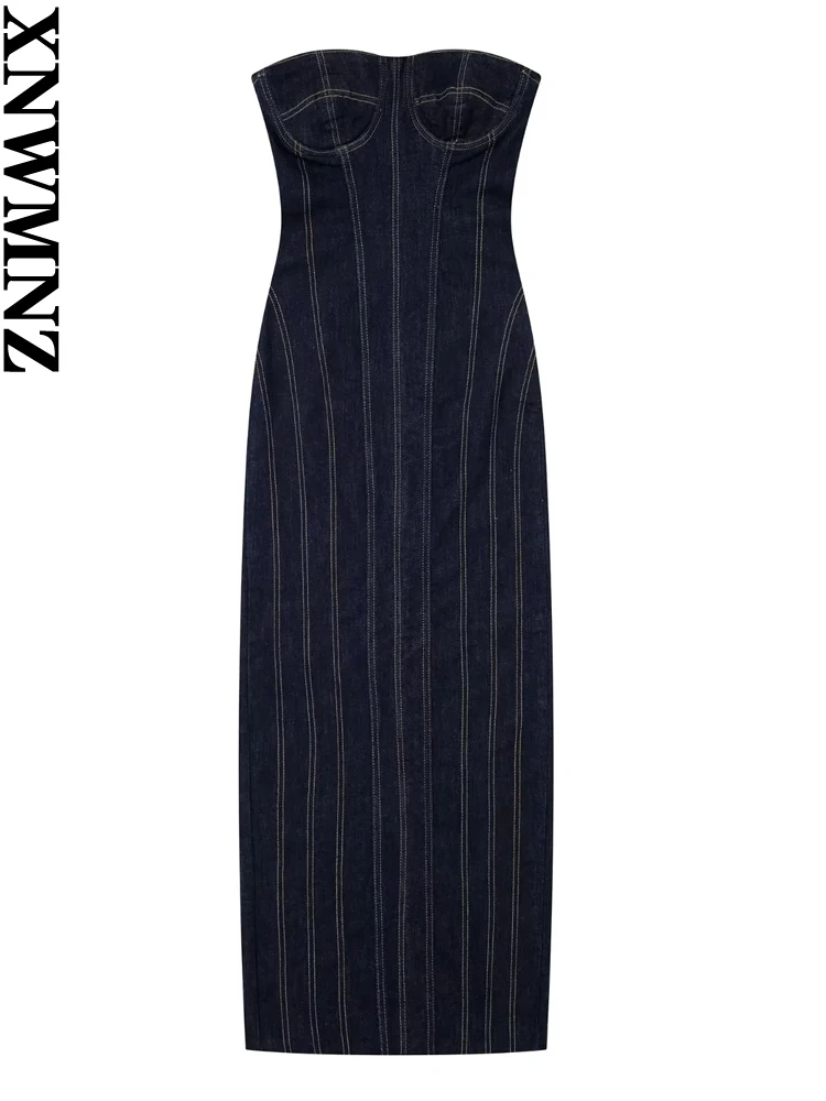 

XNWMNZ Women's Fashion 2023 Denim Midi dress Women Sweetheart Neck Feature Contrast Seam Back Split Female Dresses