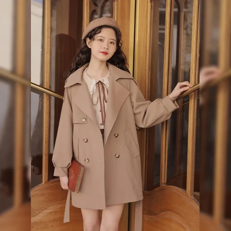 

Женский короткий Тренч с поясом-кушаком, Повседневная ветровка цвета хаки и абрикосового цвета с длинным рукавом и отложным воротником, вер...