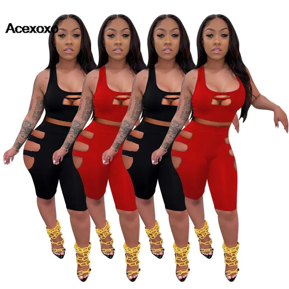 

2023 new spring and summer new Europe and the United States fashion women leisure hole solid color two-piece set