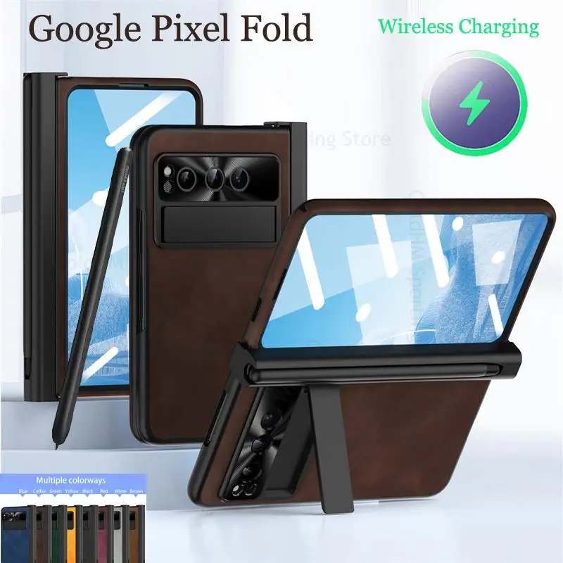 

Hinge Case For Google Pixel Fold S Pen Stylus Slot Leather Kickstand Case For Pixel Fold G9FPL For Magsafe Lens Protection Cover