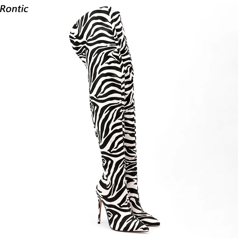 

Rontic New Arrival Women Winter Over Knee Boots Striped Zipper Stiletto Heels Pointed Toe Black White Party Shoes US Size 5-15