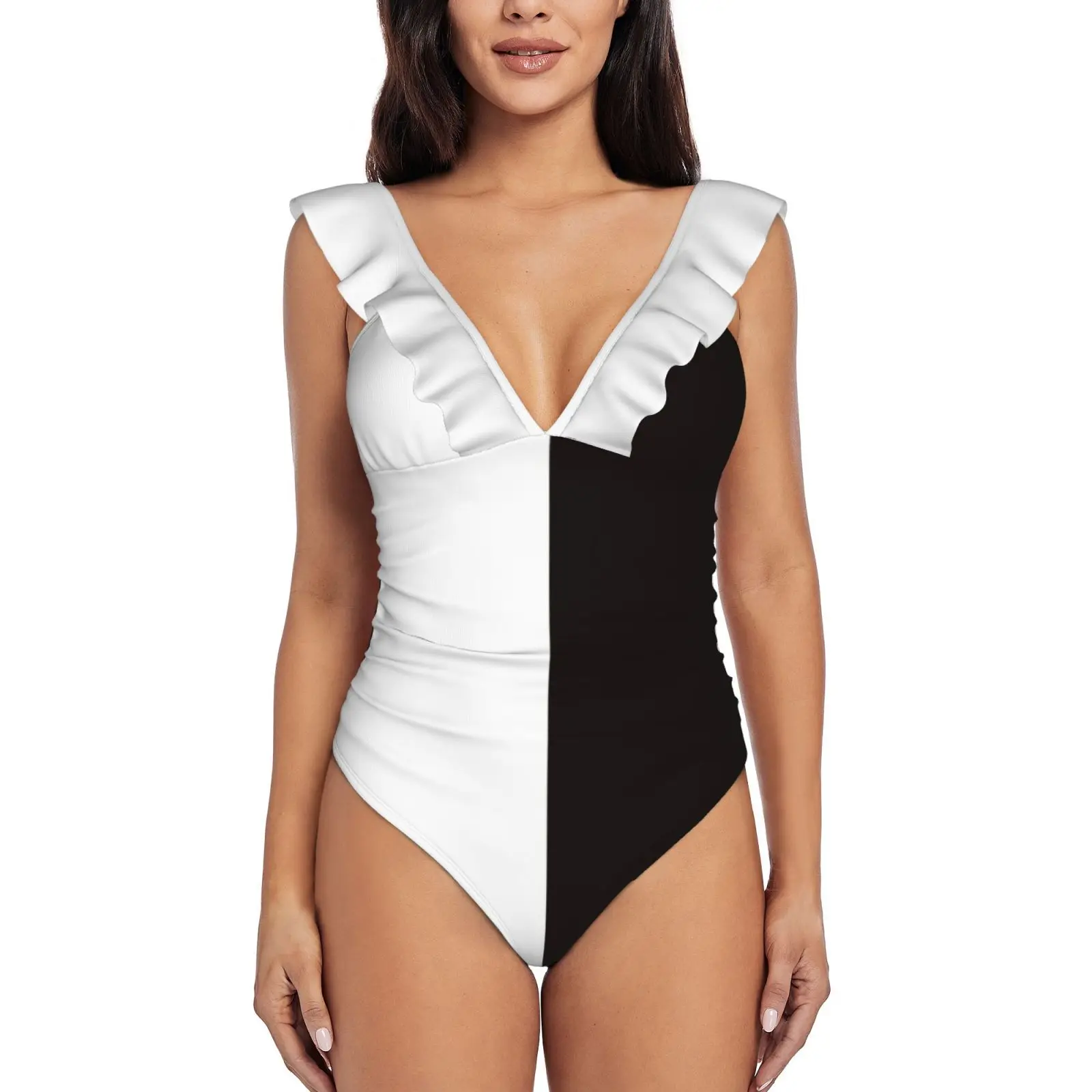 

Half White Half Black A-Line Dress Ruffle Swimwear Women One Piece Swimsuit Monokini Push Up Bathing Suit Beachwear Half Black
