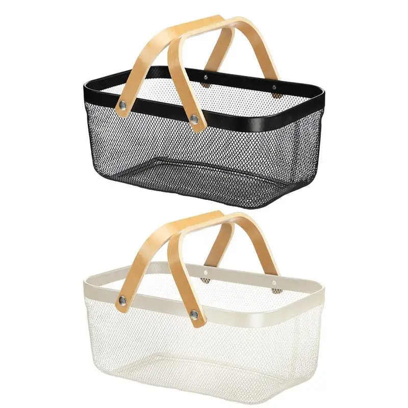 

Metal Mesh Basket Household Wire Mesh Storage Bin With Wooden Handle 15.74x9.84x6.7inch Rectangle Vegetable Basket Fruit Basket
