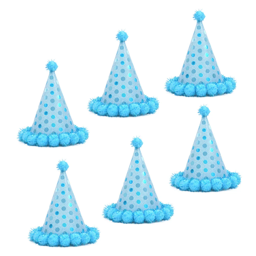 

6pcs Birthday Paper Hat Shiny Plush Balls Party Supplies (Sky-blue)