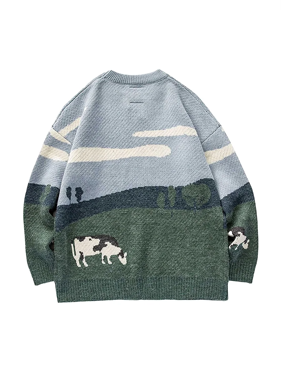 

Men Winter Warm Sweater Casual Long Sleeve Crew Neck Cow Pattern Winter Knit Pullover Tops for Daily