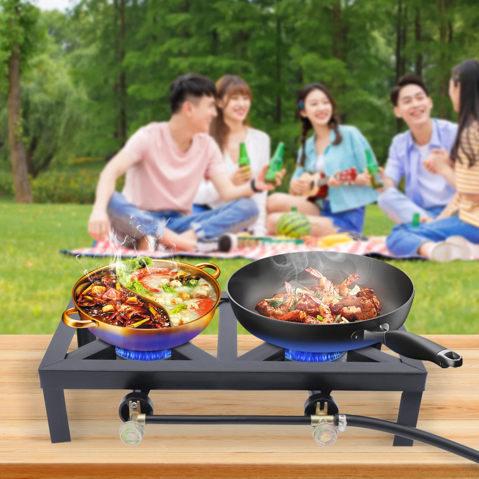 

Portable Double Burner Outdoor Gas Stove Propane Cooker with Adjustable 0-20Psi Regulator Hose for Patio Camping, BBQ