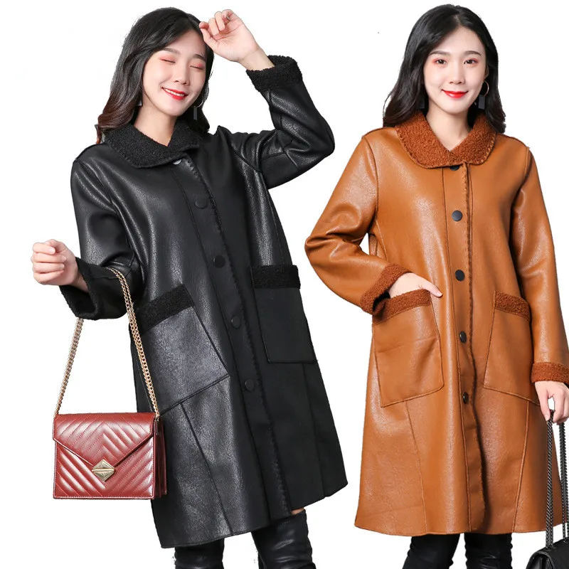 Casual Oversized Long Soft Faux Leather Fur Coat Lambsw Collar Women Long Sleeve Buttons Elegant PU Jacket Lady Clothing Parkas