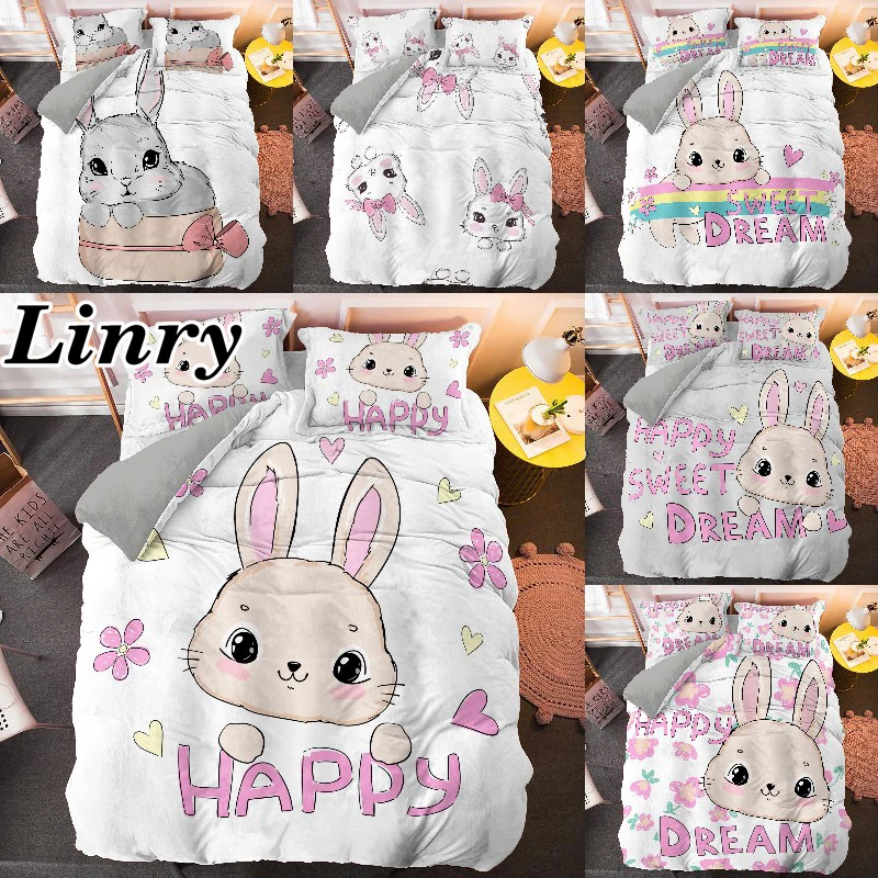 Cartoon Rabbit Bedding Sets Cute Happy Dream Lettered 220x240 King Size Duvet Cover Pillowcase Home Decor Textile for Girls
