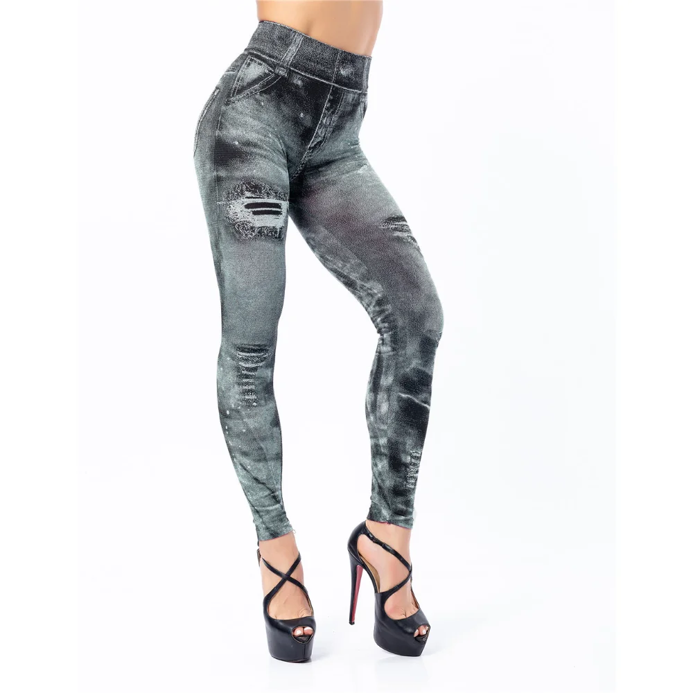 Fashion Imitation Jeans with Fake Holes Jacquard Bottoms Women Wearing High Waisted Super Elastic Tight Cropped Pants for Girls