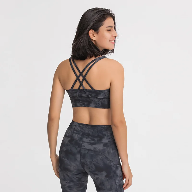 

Classic Cross Back Women Fitness Bra Push Up Yoga Top Gym Comprehensive Training Jogging Shockproof Underwear Printed Chest Pad