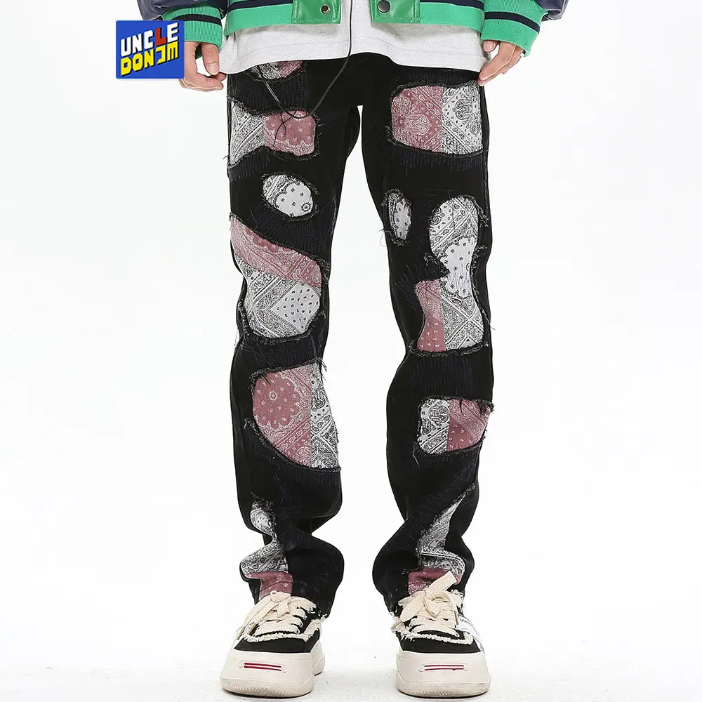 

Damaged Edged Splice Jeans Pasisley patchwork Design Sticker Embroidery streetwear pants for men distressed jeans for men