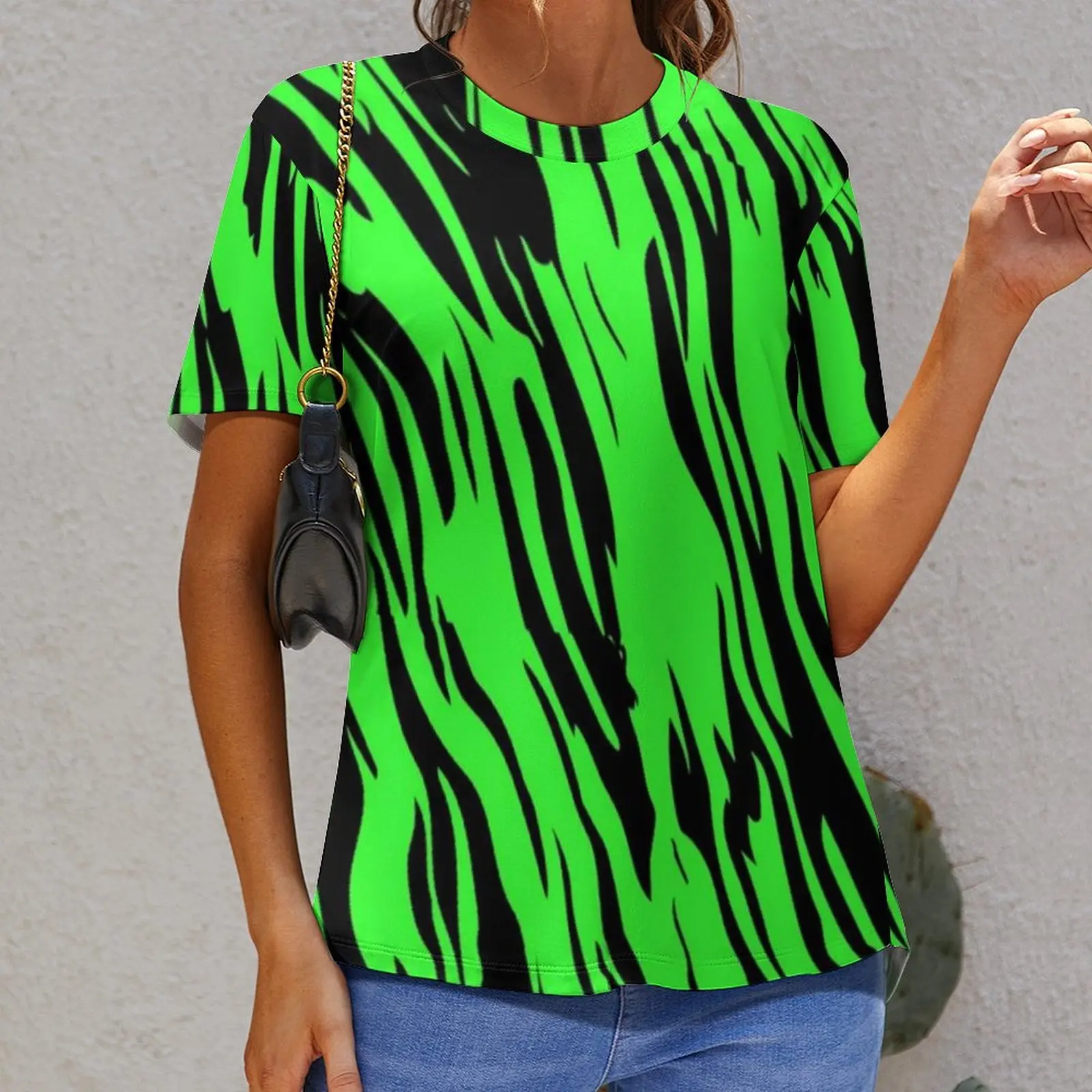 Женская футболка с принтом зеленого тигра и круглым вырезом футболки короткими