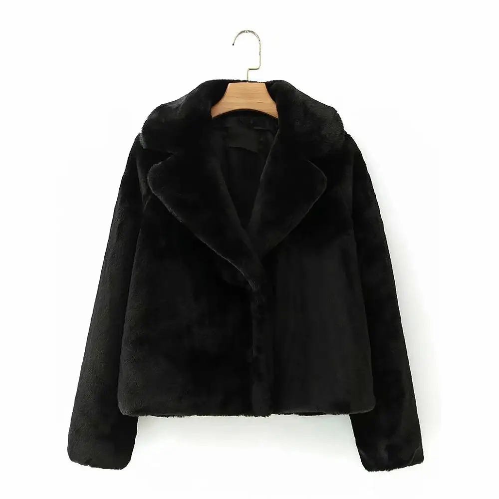 

Winter Stylish Lady Faux Fur Black Thick Jackets Outwear Female Fashion Long Sleeve No Button Hairy Turn-Down Collar Coat
