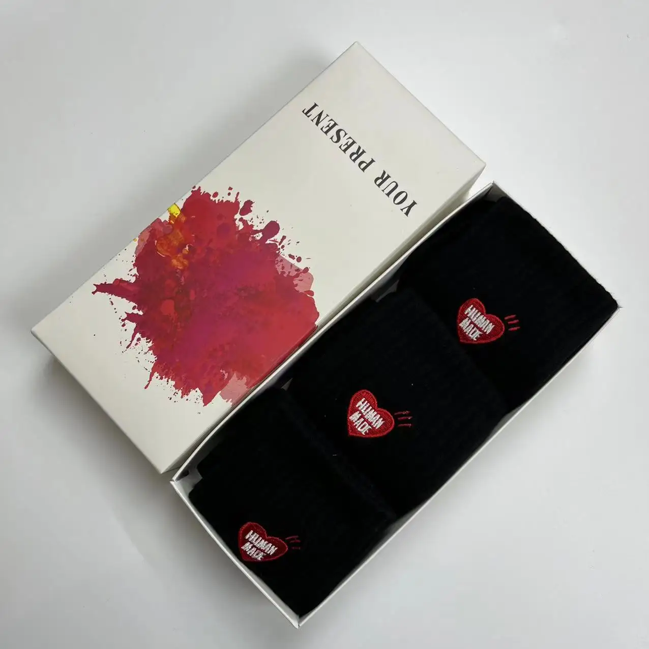 HUMAN MADE Socks Men Women High Quality Red Heart Embroidery Logo Socks Fashion Street Cotton Sports Sock  Unisex 3 Pairs/box