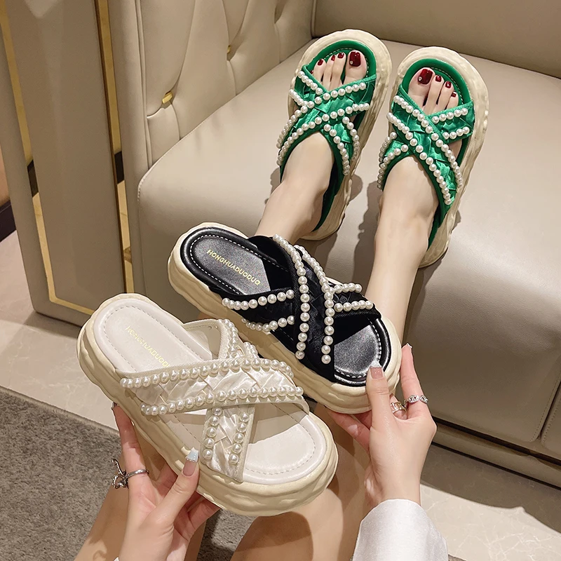 

Shoes Slippers Casual Slides String Bead Platform Slipers Women Med Luxury Soft Flat 2022 Summer PU Cotton Fabric Slippers Casua