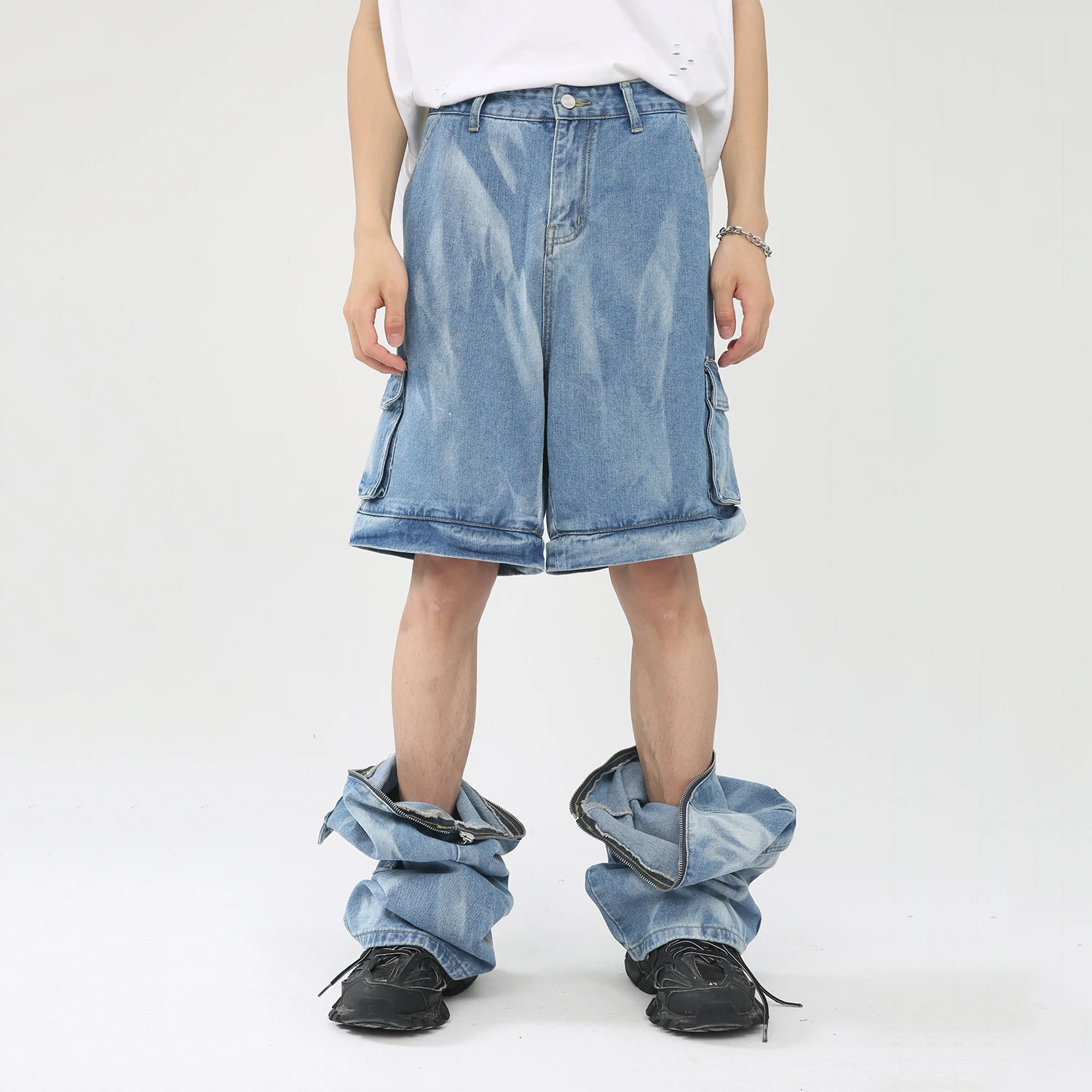 Jeans Men Four Seasons Detachable Hip Hop Loose Jeans Multi Pocket Tie Dye Washed Workwear Retro Loose Pants Ins Hot Sale JEANS