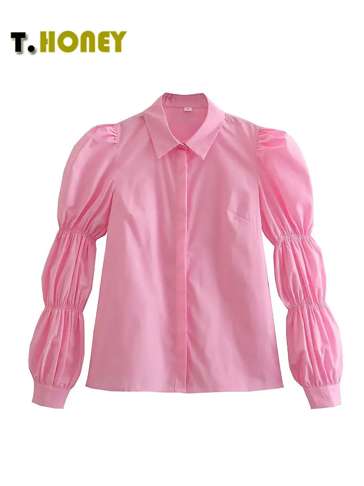 

TELLHONEY Women Fashion Lapel Collar Single Breasted Vintage Solid Color Blouses Female Sweet Pleats Loose Puff Sleeve Shirt