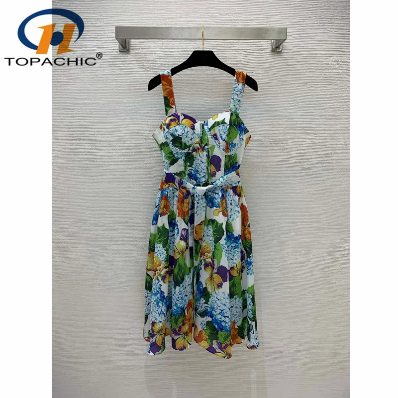 

6.6 High End Quality Cotton Temperament Sweet Flower Print Spaghetti Strap Beach Holiday Dress With Belt Women