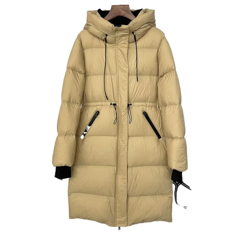 Женское длинное пуховое пальто с талией |