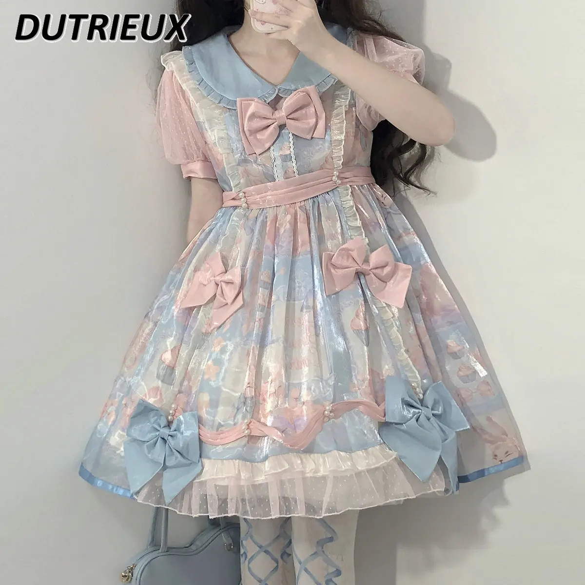 Original Candy Op Daily Cute Girl Lolita Sweet Doll Short Sleeve Dress Summer Kawaii Girls Doll Collar Bow High Waist Dress