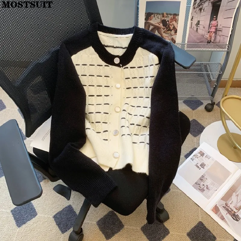 

Color-blocked Striped Knit Cardigan Sweater Women Long Sleeve O-neck Knitwear 2023 Autumn Winter Vintage Stylish Elegant Jumpers
