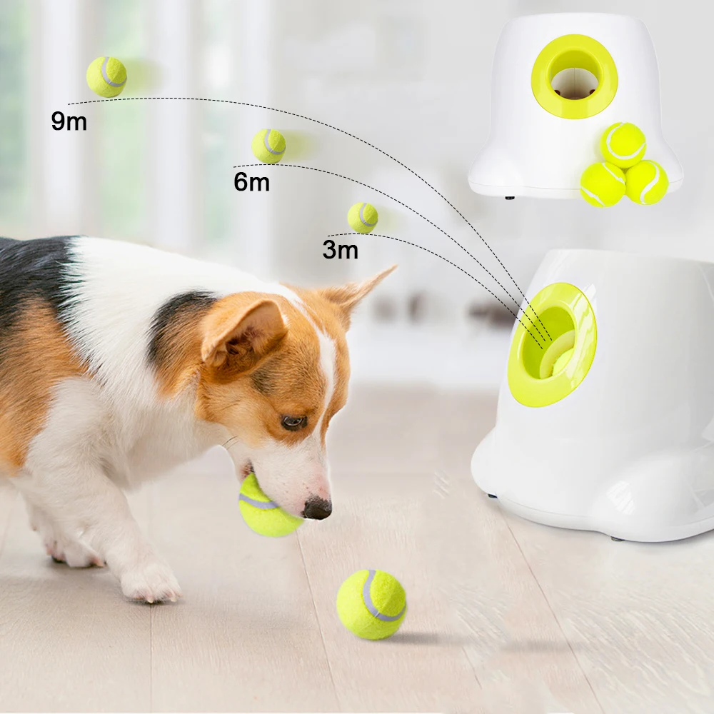 

Pet Dog Toys Tennis Launcher Automatic Throwing Machine Pet Ball Throw Device 3/6/9m Section Emission with 3 Balls Dog Training