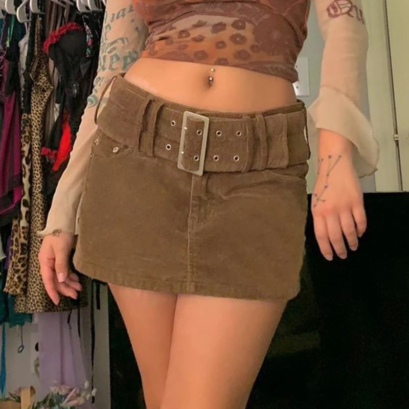 

Women Vintage Sexy Y2K Black Corduroy Skirts Korean Style Fashion Streetwear Goth Belt Elegant Solid Aesthetic Mini Skort 90s