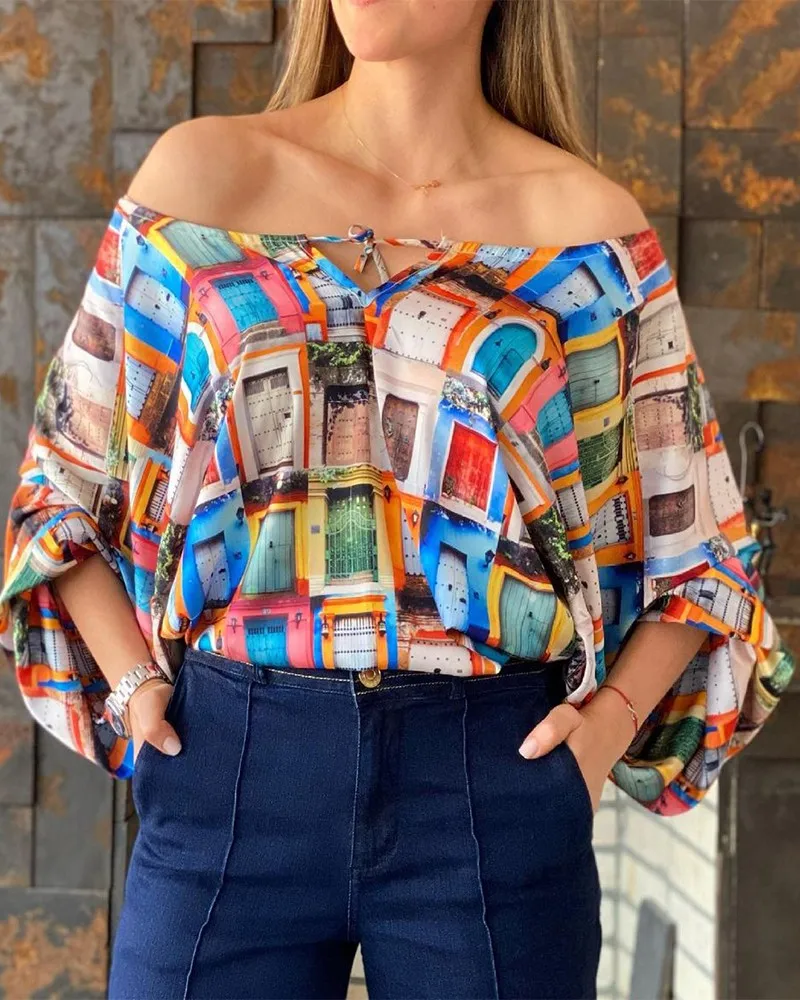 

All Over Print Lantern Sleeve Top Women New Spring Summer Blouse Tops V Neck Sexy Fashion Casual Loose Blouse