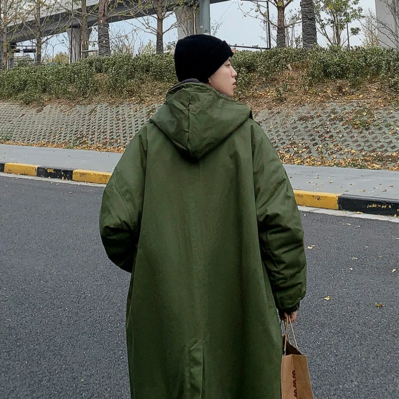 Fake Two Pieces Parkas Men's Medium Hooded High Street Harajuku Zipper Freight Fashion Winter Thickened Coat Korean Windbreaker