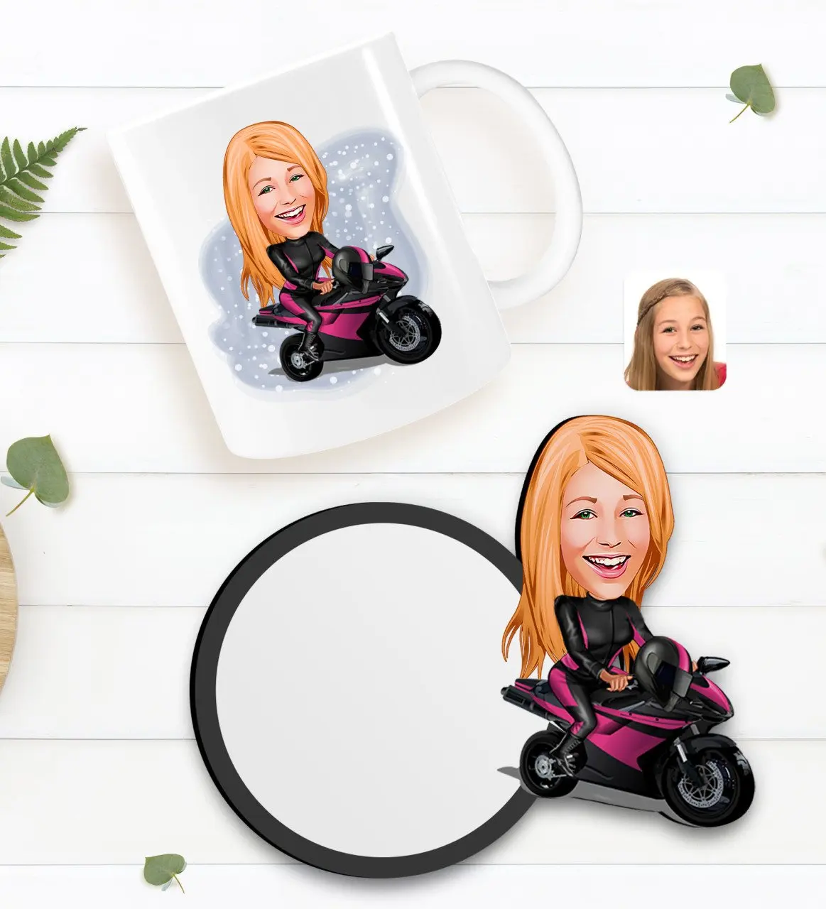 

Персонализированная Женская Байкерская карикатура белая кружка и деревянная подставка в подарок Seti-1