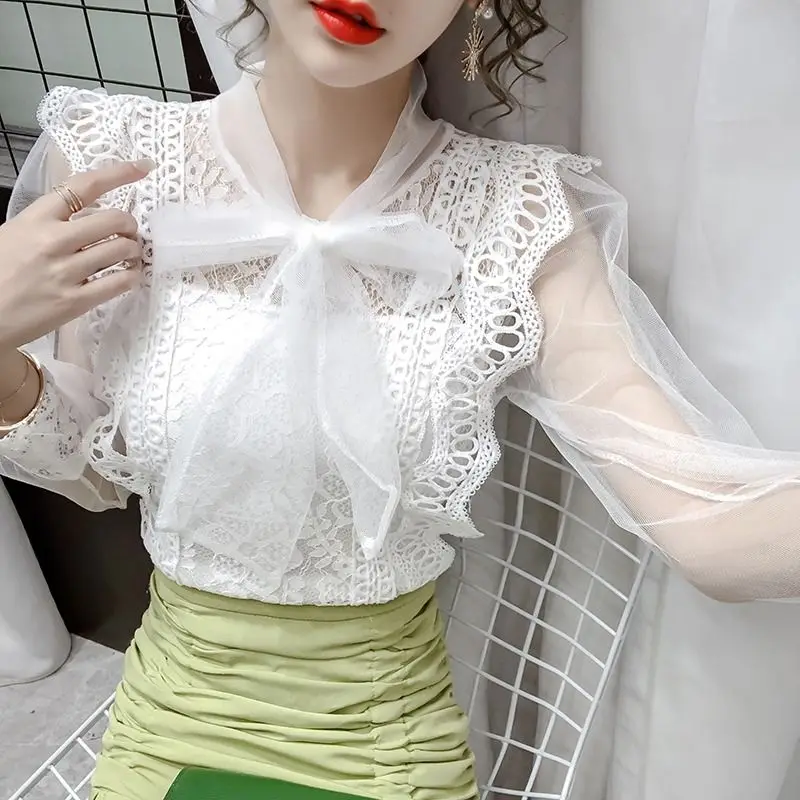 Женская блузка на шнуровке кружевная рубашка с вырезами Женский Топ длинным