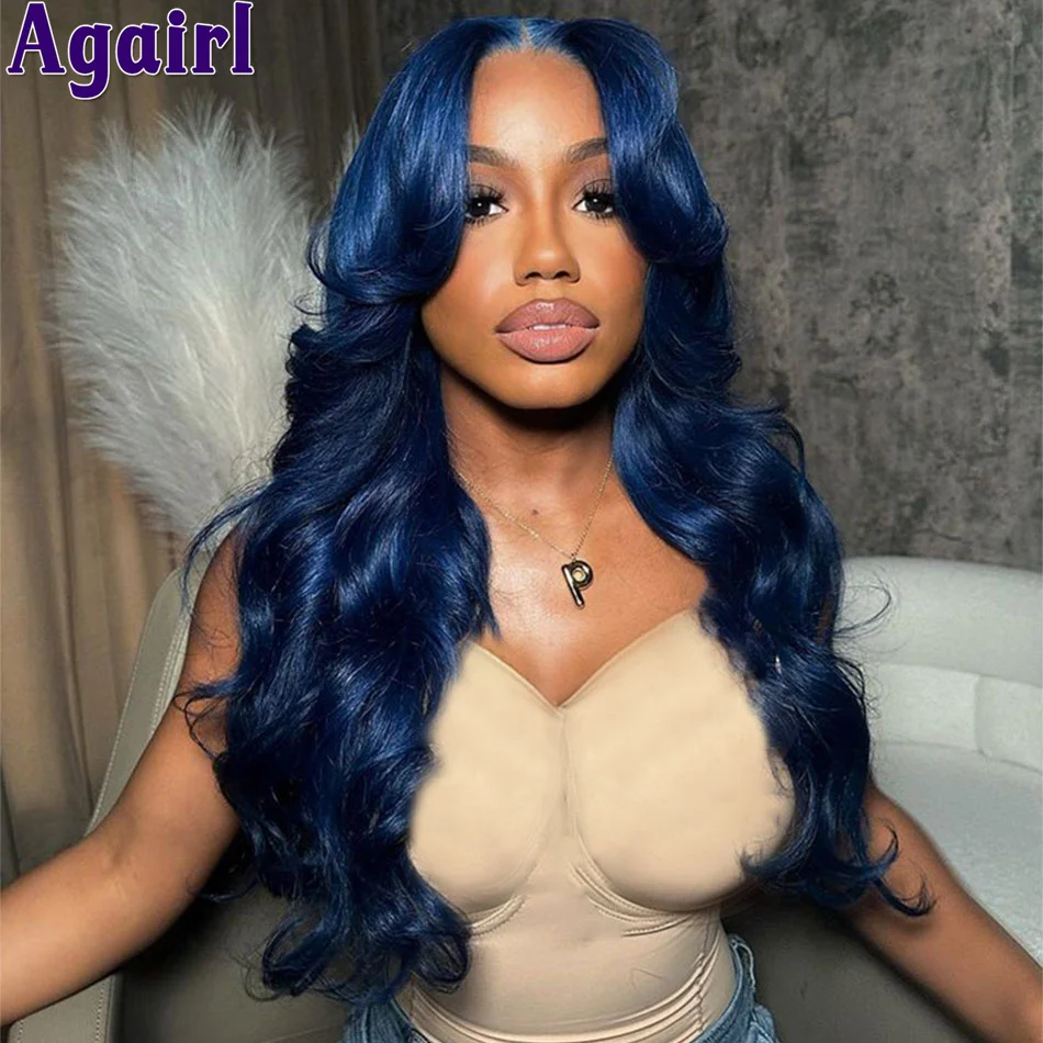 180% Navy Blue 13X6 13X4 Body Wave Lace Frontal Wig 34Inch Indian Virgin Human Hair Wear & Go Glueless HD Lace 6X4 Wig For Women