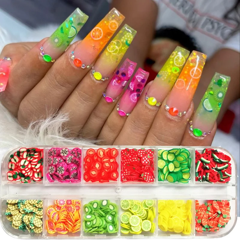 

12 Grids Fruits Slices Nail Art Decoration 3D Colorful Cute Flowers Fruit Charms Clay Slice DIY Fashion Manicure Salon Accessory