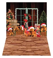 Christmas Backdrop Photography Child Photocall Toy Bear Xmas Tree Decor Rustic Wooden Board Wood Floor Background Photo Studio