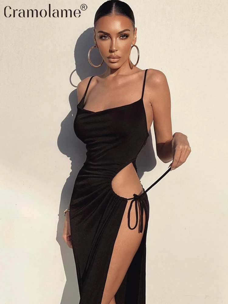 

Spaghetti Straps Sexy Backless Cut Out Split Midi Dress Women Black Party Club Evening Prom Long Dresses 2023 Summer Streetwear