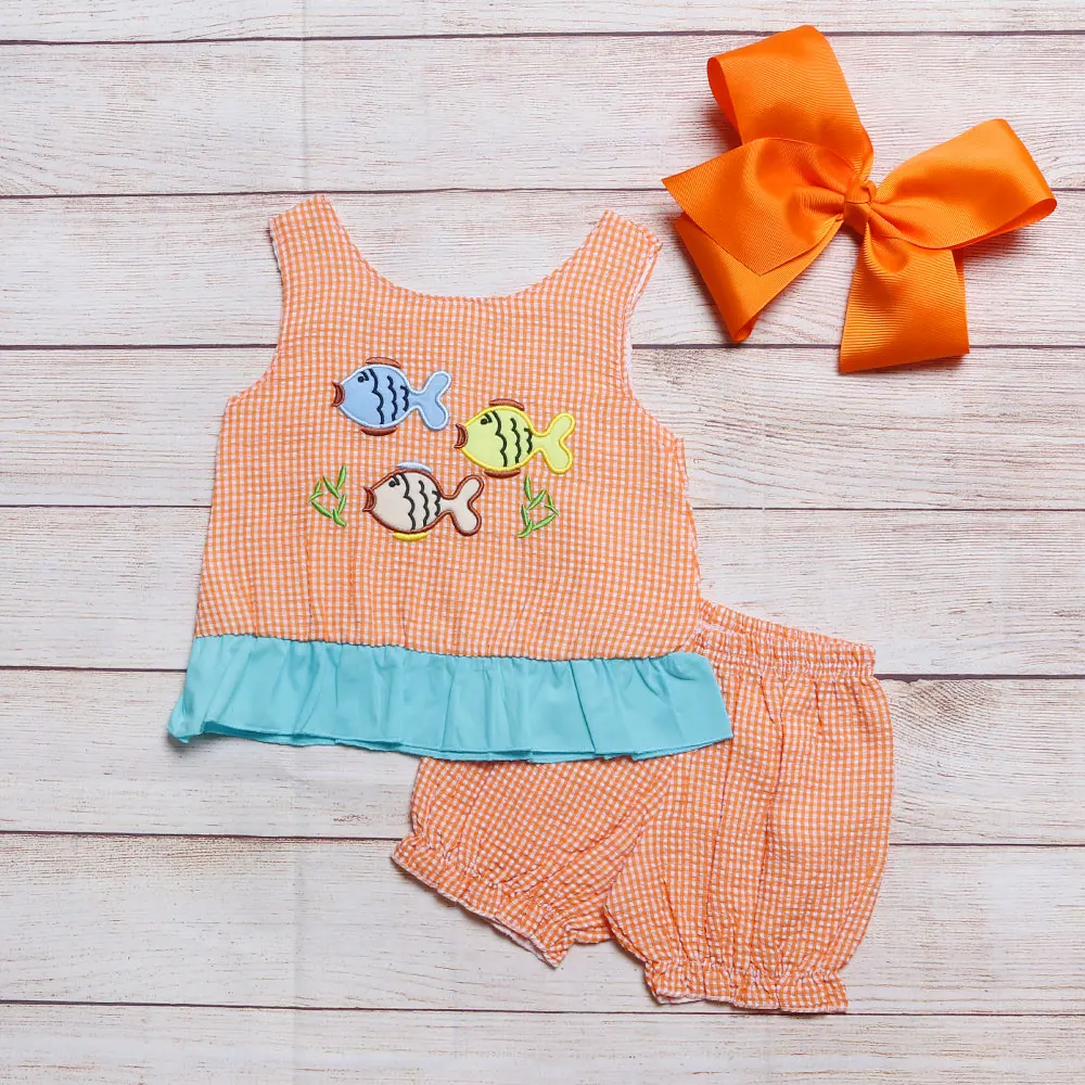 

Summer Clothes Set For Baby Girls Orange Woven Three Fish Sleeveless Dresses + Lattice Floral Casual Shorts 2pcs Suit For 1-8T