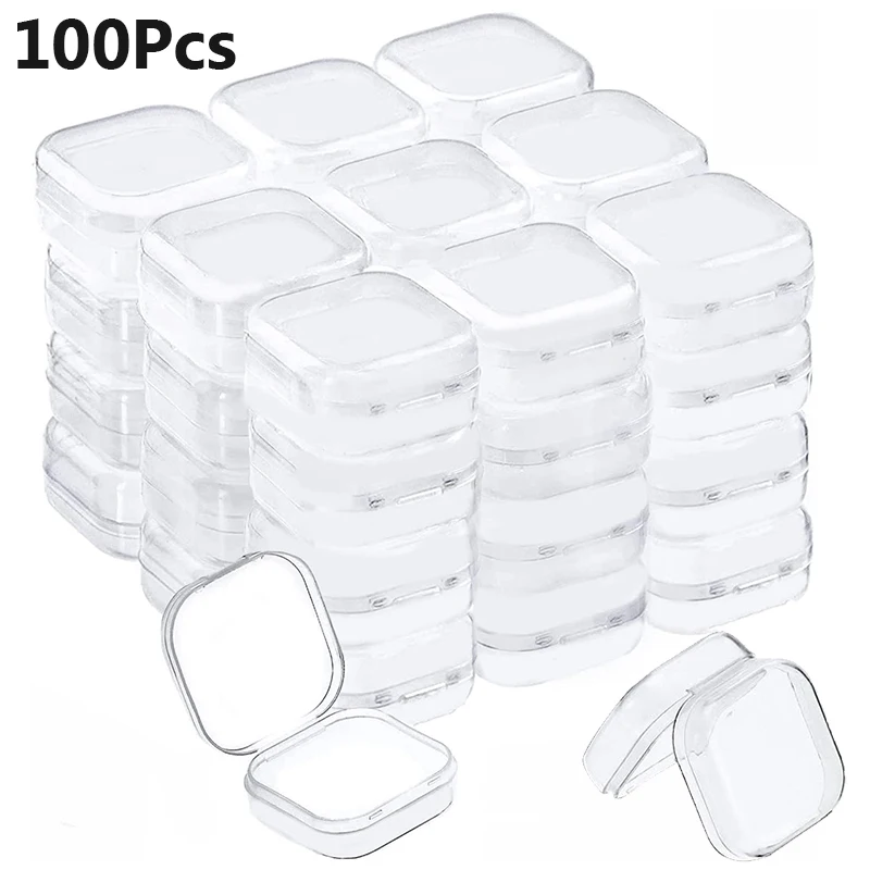 100 قطعة صناديق صغيرة مربع صندوق بلاستيكي شفاف مجوهرات حقيبة للتخزين التشطيب الحاويات صندوق تخزين وتعبئة للأقراط