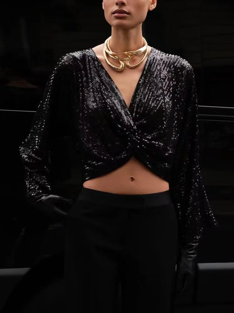 

Женская короткая рубашка с блестками, V-образным вырезом и длинным рукавом