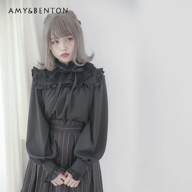 

Stand Collar Lolita College Style Chiffon Shirt Women's Long Sleeve Elegant Black Blouses Female Japanese Shirts Blouses