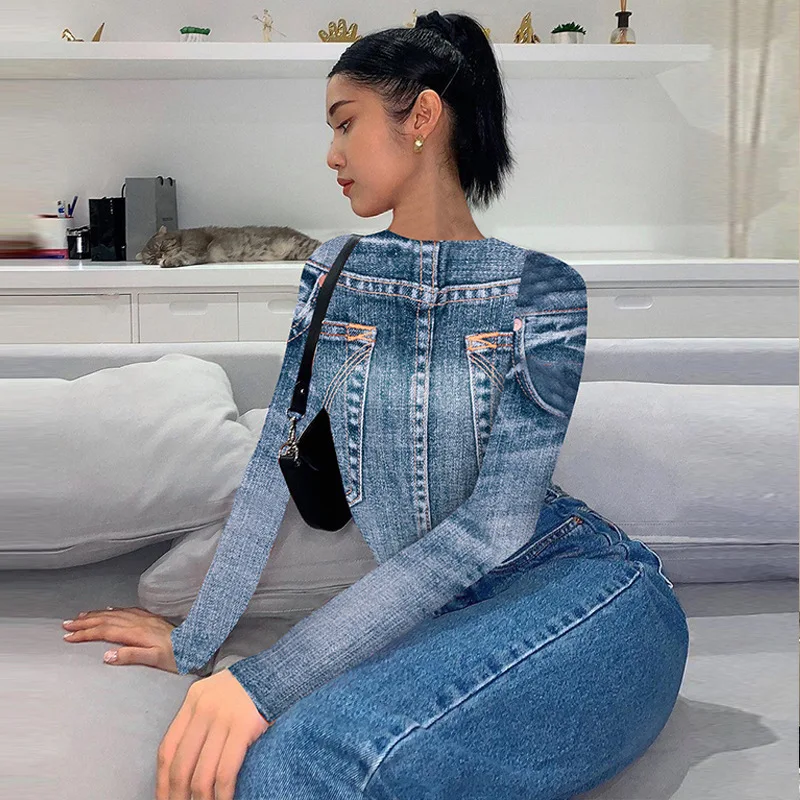 

Europe and the United States wind women 2023 spring new fashion print street hipster Slim round neck long-sleeved tops female