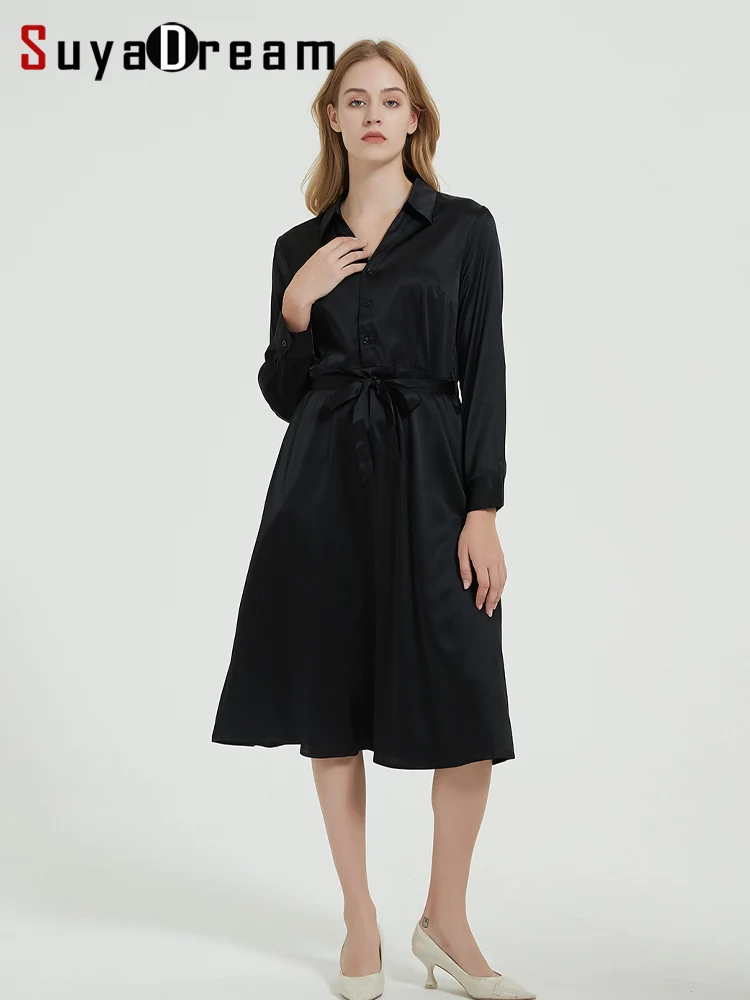 SuyaDream Woman Blouse Shirt Dress 23mm 93%Silk 7%Spandex Solid Black Sashes Long Dress 2022 Elegant Office Chic Dresses
