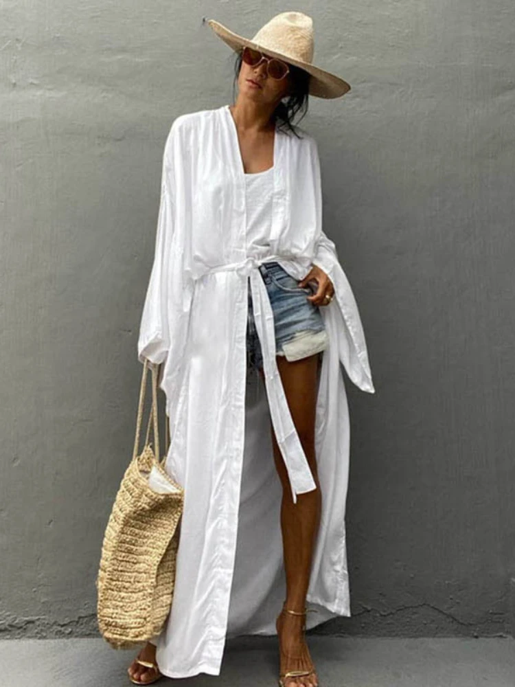 

Beach Cover Up Kimono Women Summer Belted Long Wrap Dresses Solid Bikini Swimsuit Cape Bathing Suits Dropshipping