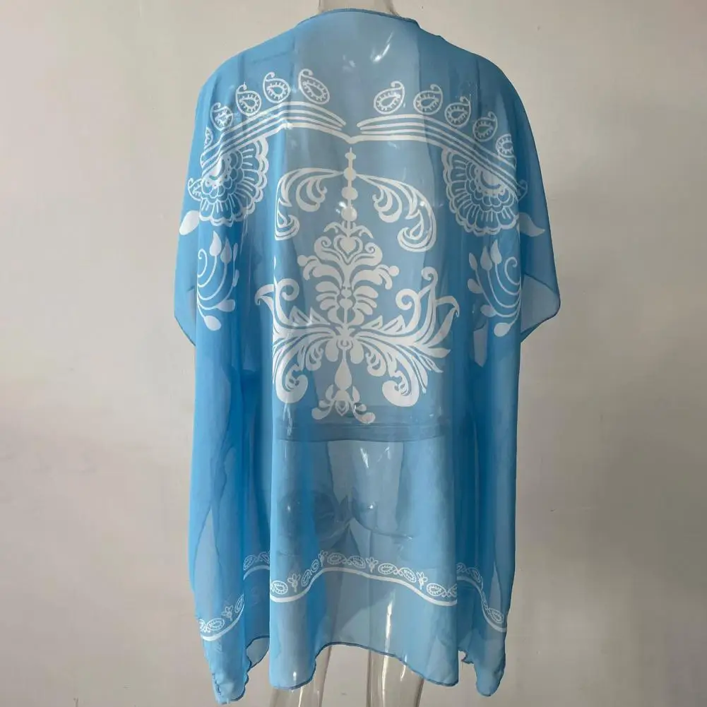 

Bikini Cover Up Thin Beach Shirt Retro Print Batwing Sleeves Beach Shirt