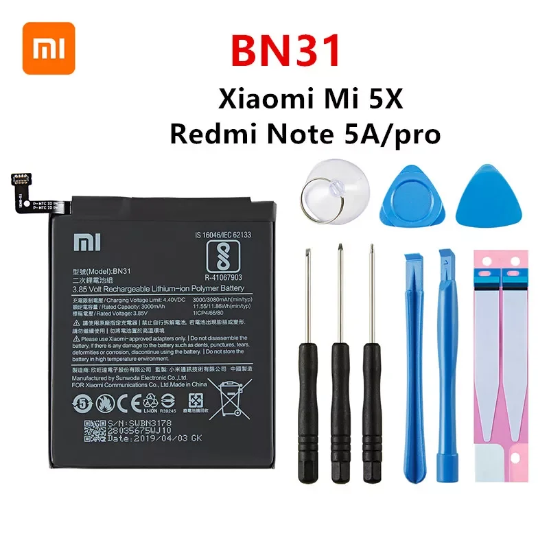 

100% Orginal BN31 3080mAh Battery For Xiaomi Mi 5X Mi5X Redmi Note 5A / Pro Mi A1 Redmi Y1 Lite S2 BN31 Batteries +Tools