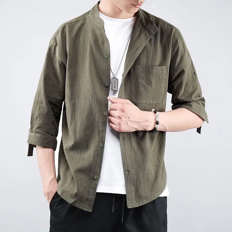Summer Brand High Quality linen shirt Men loose large Size Cotton and linen three-quarter sleeve Casual shirt Breathable shirt