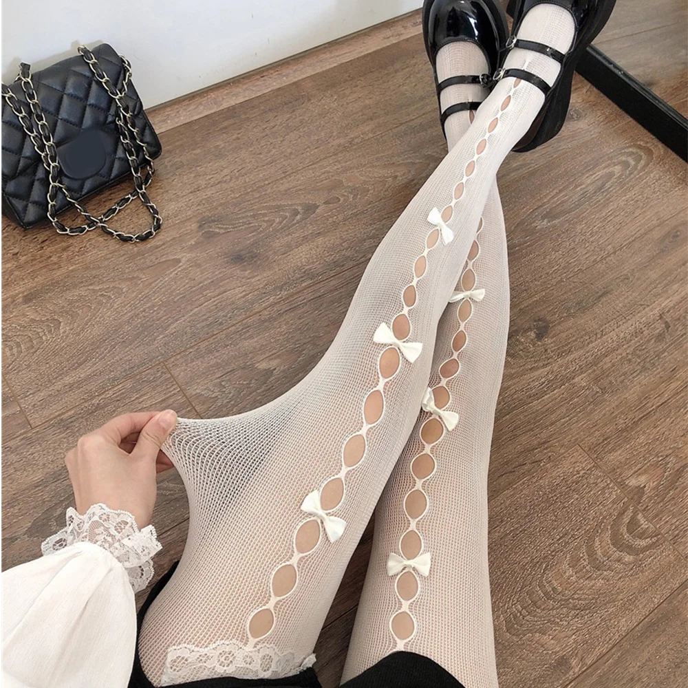 

Pantimedias huecas con lazo para mujer, medias de estilo universitario, Lolita, japonés, lazo dulce, negro y blanco, Jk, 2022