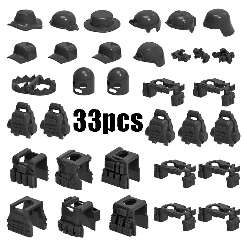 WW2 Soldier Equipment Hat Vest Backpack Helmet Cap SWAT Police Army Accessories Creative MOC Bricks Building Blocks Toys For Boy